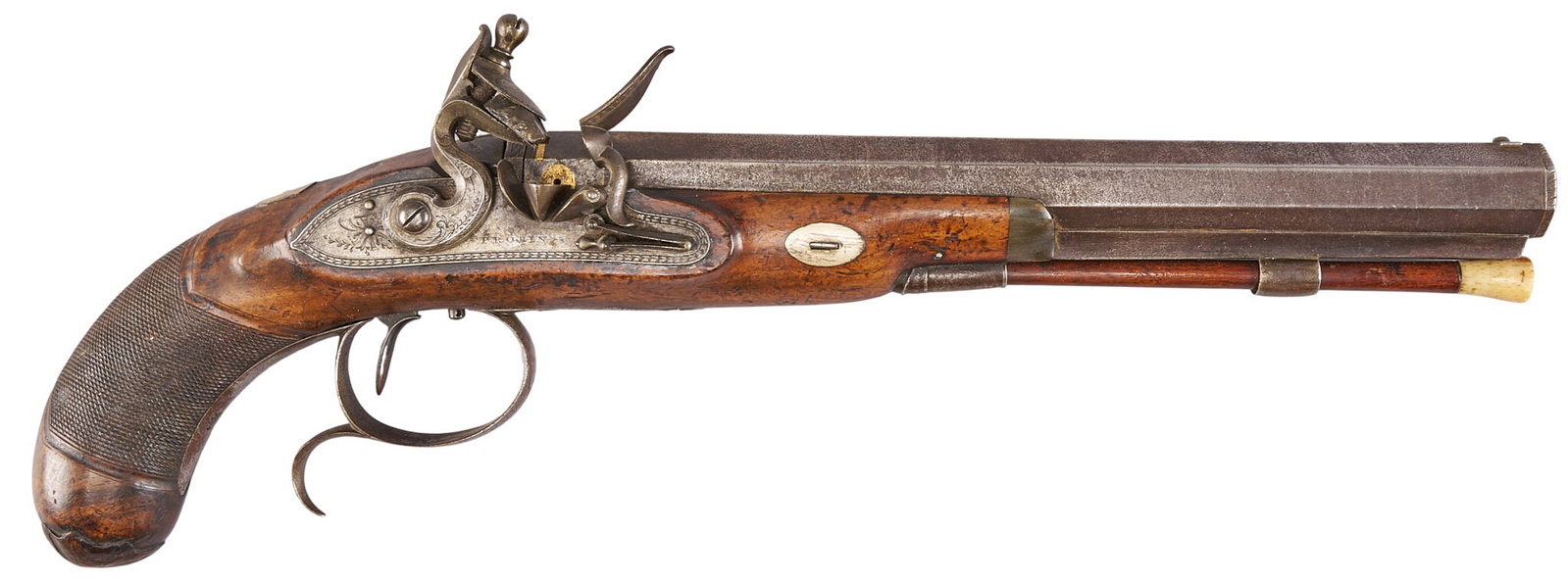 Red McCombs | 18th C. Probin Gold Inlaid "Death" Flintlock Dueling Pistol: Manufacturer: Probin (likely Owen)-Hull England (18th. c) Model: flintlock Dueling pistol Caliber: 64 cal. Barrel Length: 10 in. OAL: 15.5 in. Condition: Good-antique; wood stock has wear & p