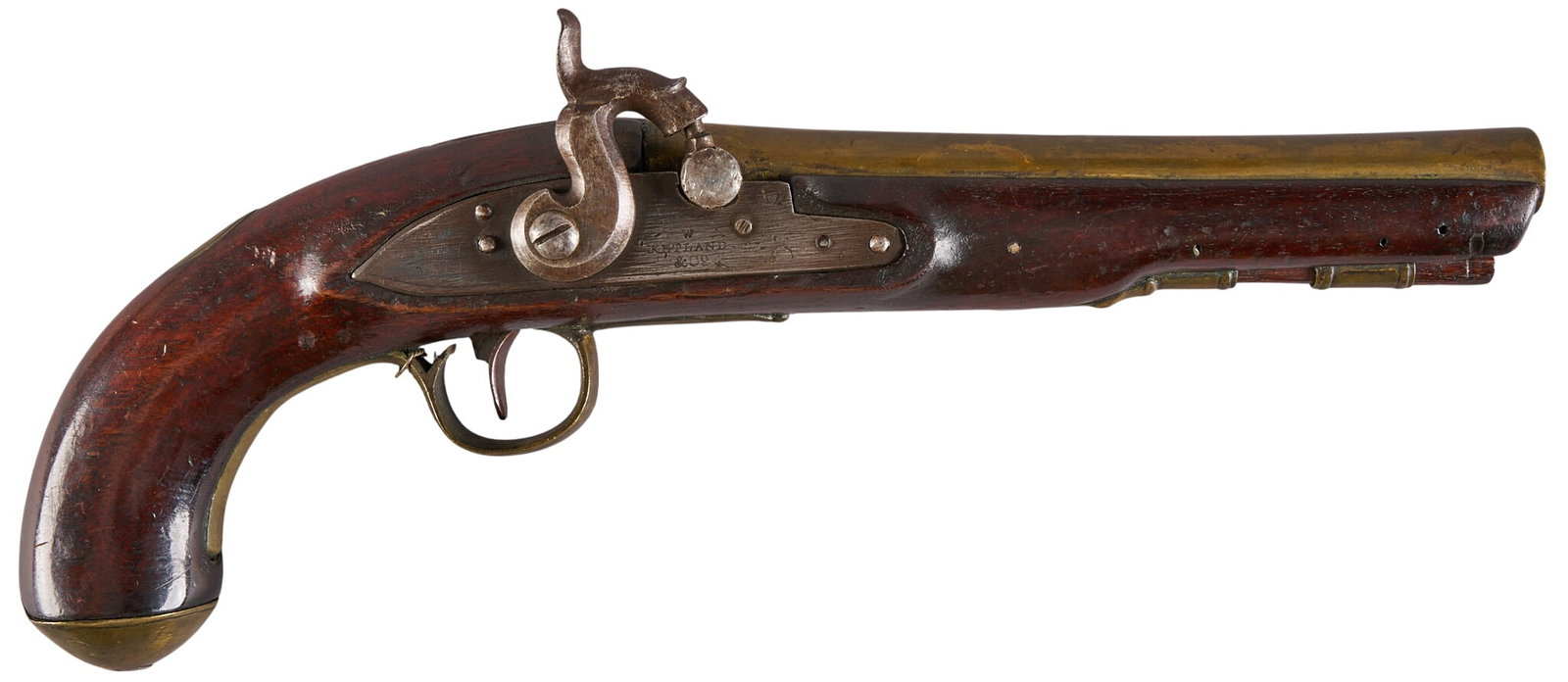 Red McCombs | London W. Ketland & Co. Percussion Trade Pistol: Manufacturer: W. Ketland & Co.-London (c. early 19th c.) Model: percussian trade pistol Caliber: 54 cal. Barrel Length: 7.5 in. OAL: 13.5 in. Condition: Good-antique; wood stock has wear & dar