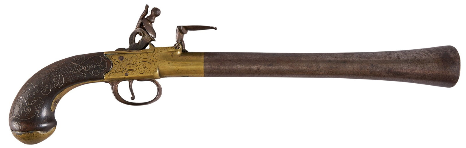 Red McCombs | English London Marked Blunderbuss Flintlock Pistol W/ Silver Inlay Handle: Manufacturer: London (c. 18th c.) Model: Blunderbuss flintlock pistol Caliber: approx. 60 cal. Barrel Length: 8.75 in. OAL: 15.75 in. Condition: Good-antique; wood grips have moderate ewar & dark 