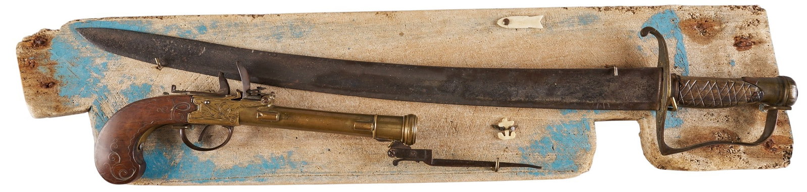 Red McCombs | Late 17th C. English Flintlock Blunderbuss Pistol W/ Bayonet and Cutlass Mounted on (1 of 5)