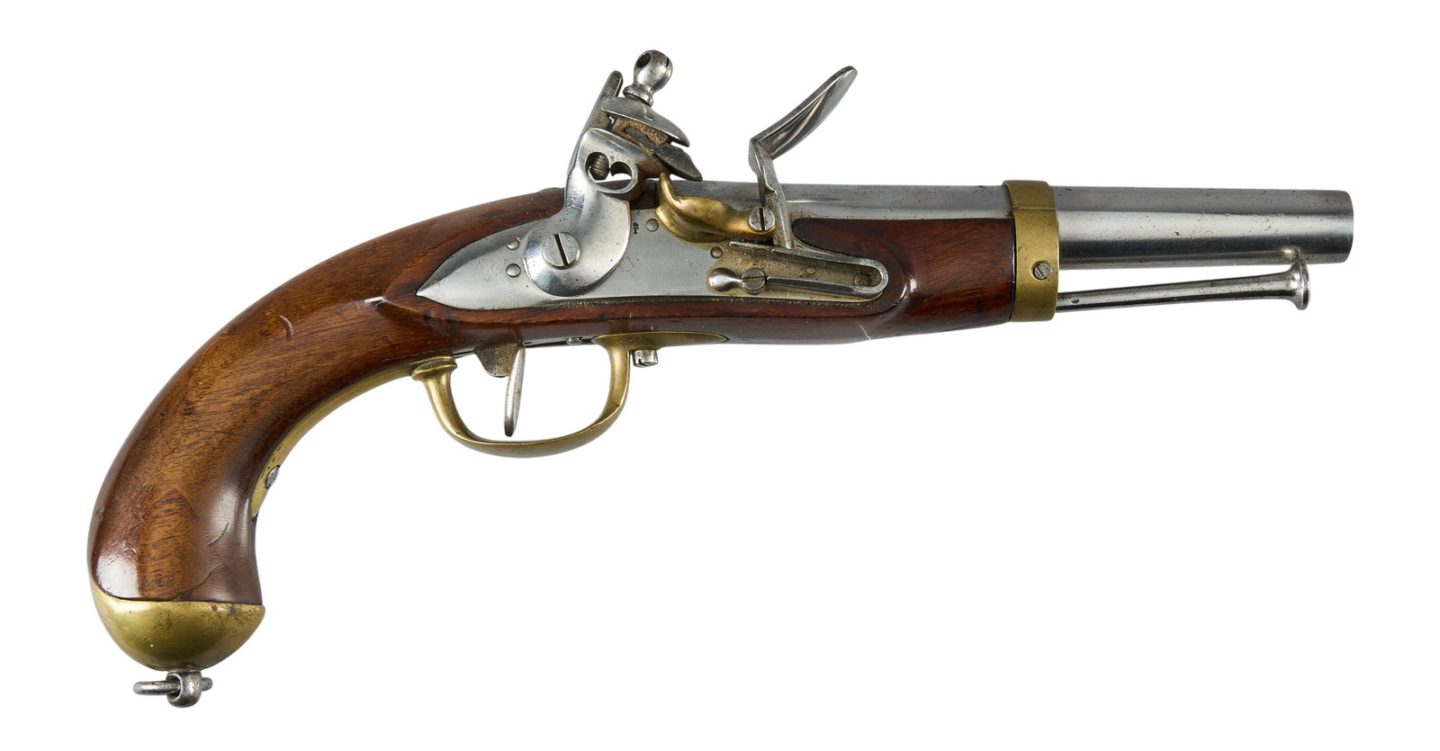 Red McCombs | Belgian Made Military Style Flintlock Pistol: Manufacturer: Liege, Belgium Model: Flintlock Pistol Caliber: Approx. 69 Barrel Length: 8 in. OAL: 14 in. Condition: Good; some light pressure dents & scratches on stock, pistol grips appears to h