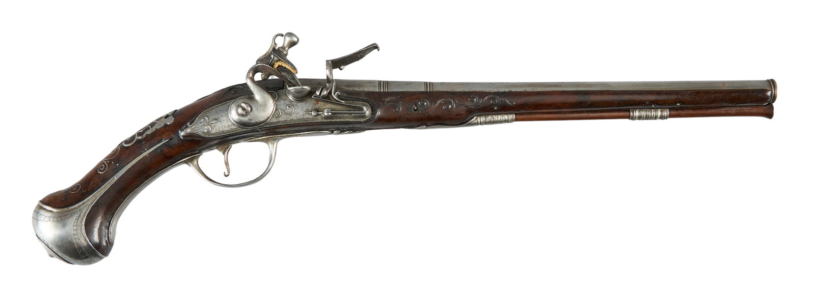 Red McCombs | Fine Dutch Jean Krans Flintlock Holster Pistol W/ Pierced Mountings: Manufacturer: Jean Krans-Maastricht (c. 1695-1715) Model: flintlock holster pistol Caliber: 56 cal. Barrel Length: 13 in. OAL: 21 in. Condition: Very good-antique; wood stock has very light wear for a