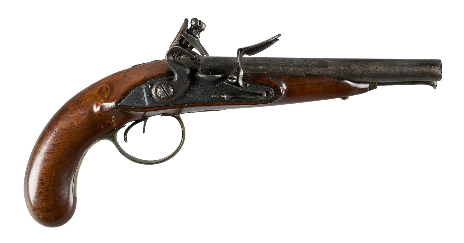Red McCombs | French SXS Flintlock Pistol: Manufacturer: Unknown (appears to read "PAUL MONTMAIN FILS" in block letter font on lock plate) Model: Double Barrel Flintlock Pistol Caliber: Approx. 58 Barrel Length: 7.25 in. OAL: 12.25 i