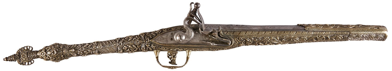 Red McCombs | Incredible 18th C. Greek Roka-Style Flintlock Pistol: Manufacturer: Greek (c. 18th c.) Model: Rok-style flintlock pistol Caliber: 60 cal. Barrel Length: 11 in. OAL: 23 in. Condition: Good-antique; silver-gilt full-stock has nice yellow patina w/ light we