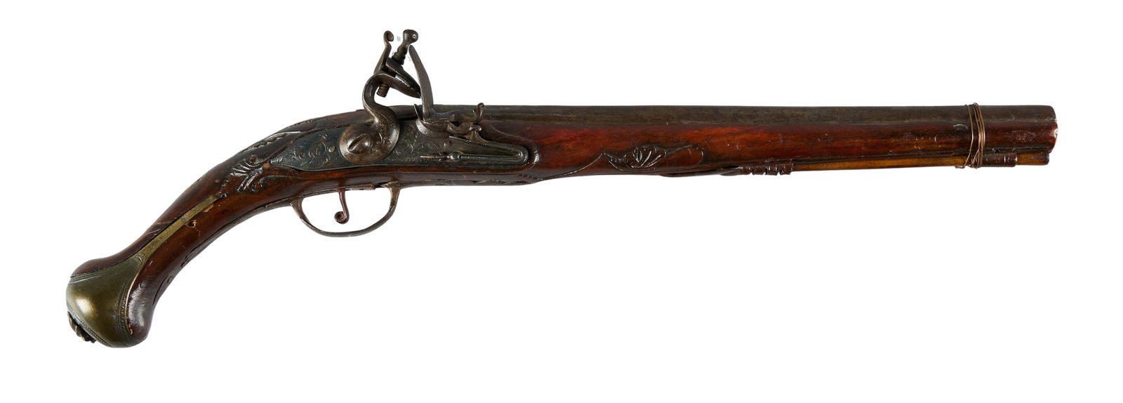 Red McCombs | Decorative Mediterranean Flintlock Pistol: Manufacturer: Unknown Model: Flintlock Pistol Caliber: Approx. 62 Barrel Length: 12.75 in. OAL: 19.75 in. Condition: Fair-antique; scratches, splits & pressure dents throughout; dark patina 