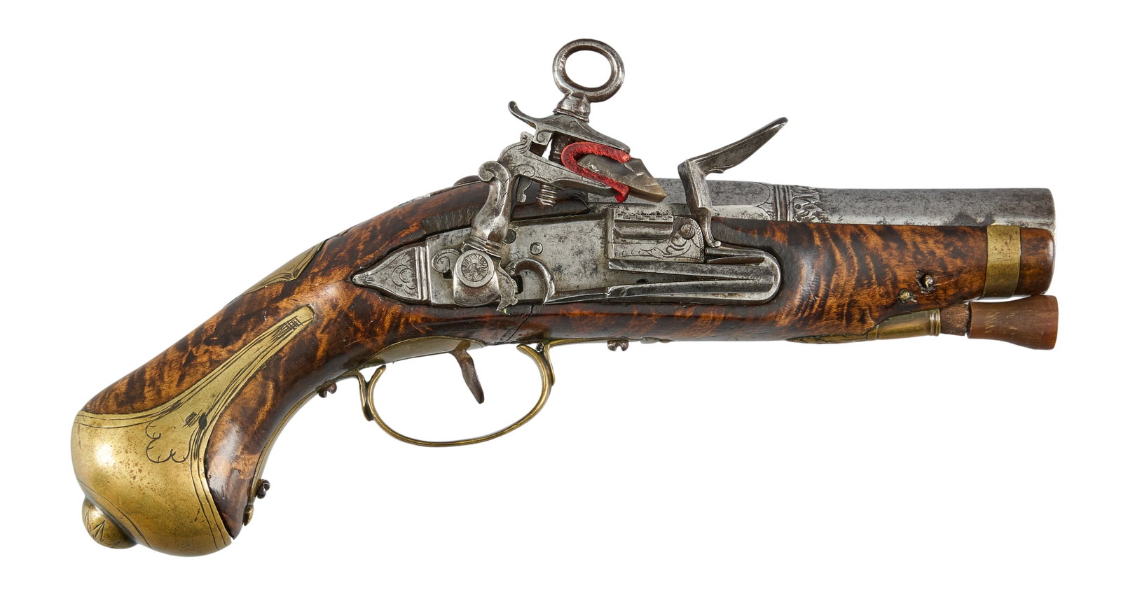 Red McCombs | Italian Style Miquelet Pocket Pistol in Trunk W/ Medieval Copper Coins & Powder Horn: Manufacturer: unknown Italian maker (c. early 19th c.) Model: Miquelet pocket pistol Caliber: 56 cal. Barrel Length: 3.25 in. OAL: 8 in. Condition: Good-antique; wood stgock has mostly light handling 