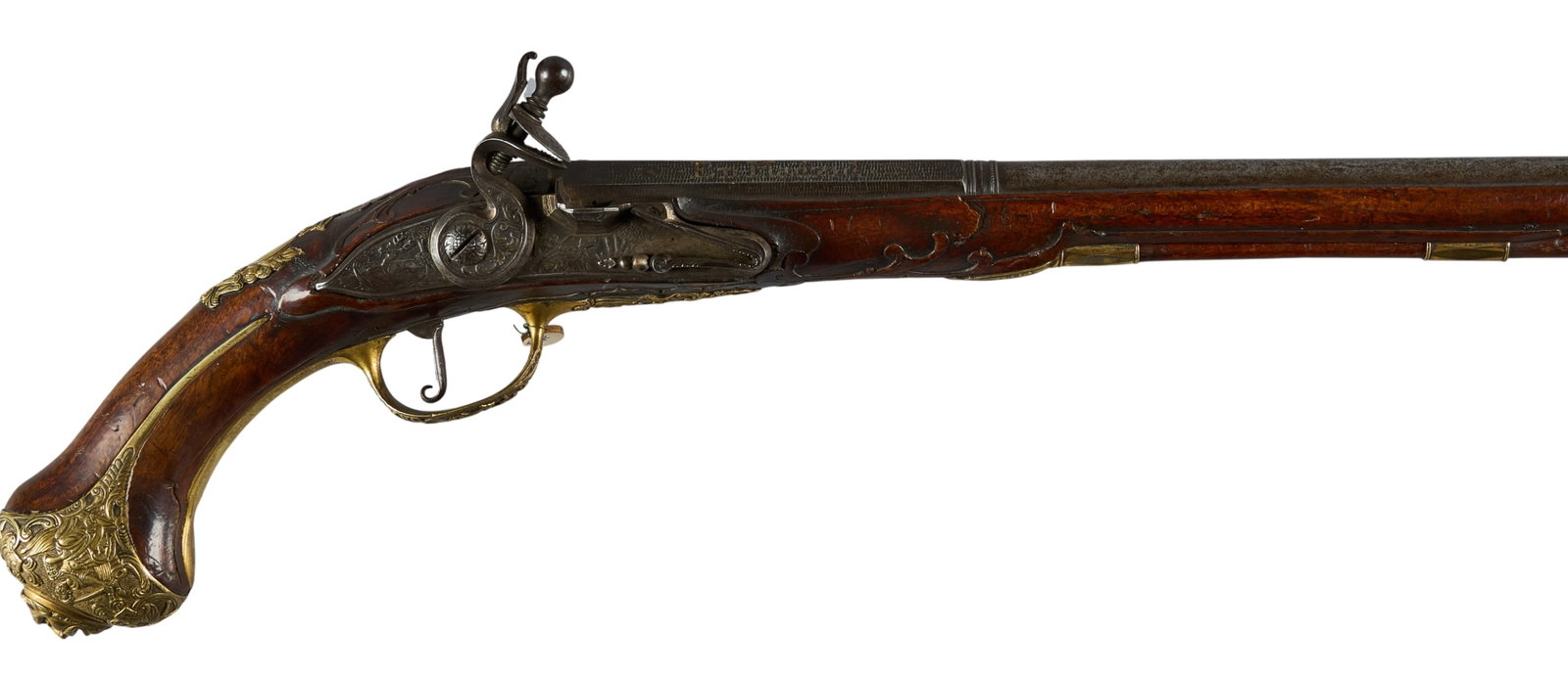 Red McCombs | Beautiful 18th C. Spanish Engraved & Gold Inlaid Flintlock Pistol: Manufacturer: Madrid-Spain (possibly Diego Esquivel of Madrid, Spain) (c. mid 18th c.) Model: flintlock pistol Caliber: 56 cal. Barrel Length: 12.5 in. OAL: 20 in. Condition: Good-antique; wood s