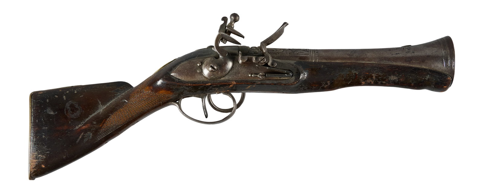 Red McCombs | Ottoman Engraved Blunderbuss Flintlock Pistol W/ Byzantine Crest: Manufacturer: Ottoman (c. 19th c.) Model: Blunderbuss Caliber: 69 cal. Barrel Length: 8 in. OAL: 16.5 in. Condition: Good-antique; wood stock has moderate wear w/ dark patina; barrel & lokcplate h