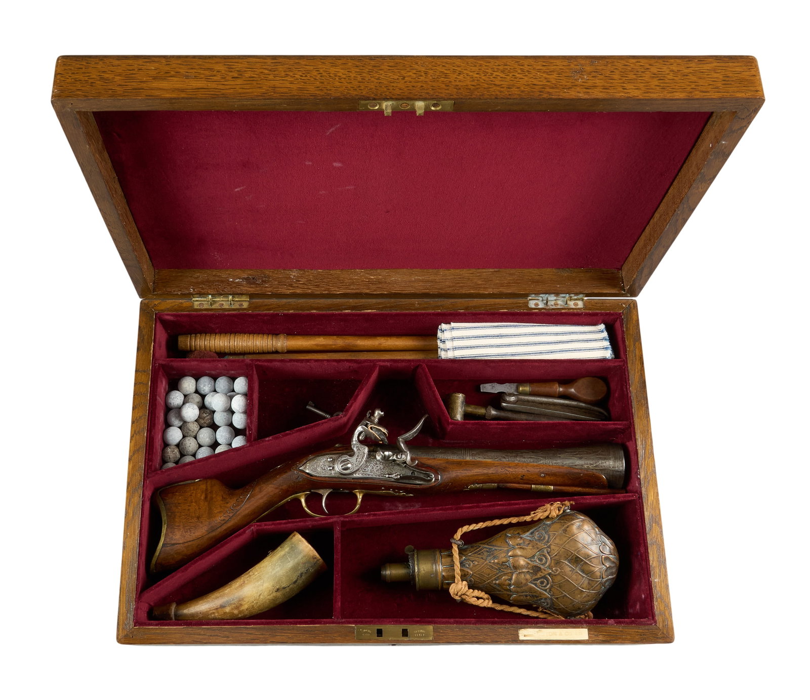 Red McCombs | Turkish Cased Flintlock Blunderbuss Pistol W/ Accoutrements: Manufacturer: Ottoman/Turkish (c. 18th-19th c.) Model: Blunderbuss flintlock pistol Caliber: 68 cal. Barrel Length: 8.25 in. OAL: 16.5 in. Condition: Very good-antique; wood stock has been refinished;