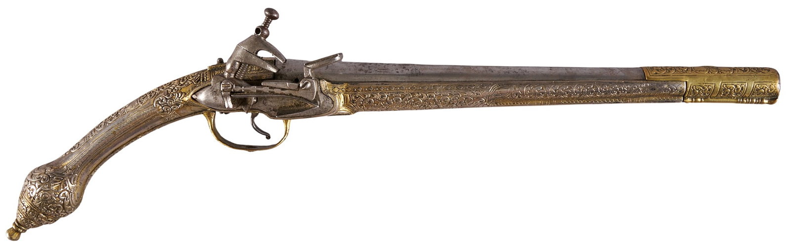 Red McCombs | Silver & Brass Mounted Albanian Flintlock: Manufacturer: Albania (c. 18th c.) Model: "Rat Tail" MIquelet lock Caliber: 60 cal. Barrel Length: 12.5 in. OAL: 20.5 in. Condition: Good-antique; gil-silver full-stock has worn giltin
