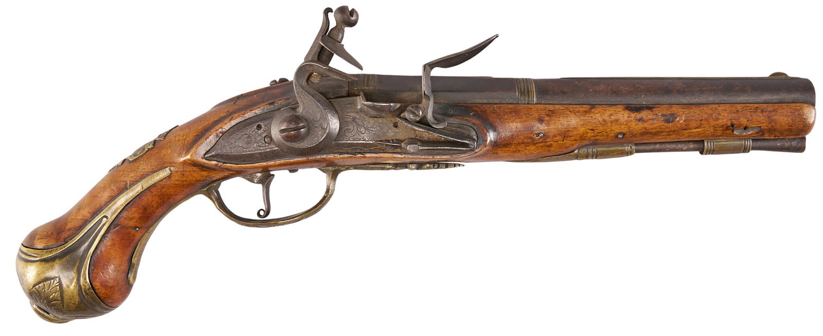 Red McCombs | 18th C. Prussian Flintlock Pistol by Arnold of Cologne: Manufacturer: Arnold of Colgne, Prussia (c. mid to late 18th c.) Model: flintlock pistol Caliber: 58 cal. Barrel Length: 8 in. OAL: 15.25 in. Condition: Good-antique; wood stock has moderate wear &