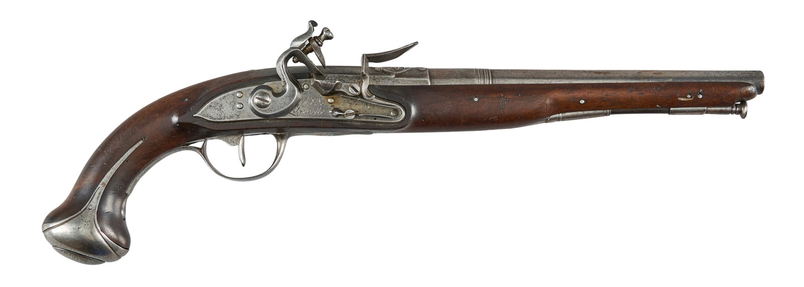 Red McCombs | Early 18th Century French Libreville Flintlock Pistol: Model: Full Stock Flintlock Pistol Caliber: 52 OAL: 18 in. Condition: Good-antique; wood stock has moderate wear for age; barrel & lock plate have bright metal polish with scattered pitting; mecha