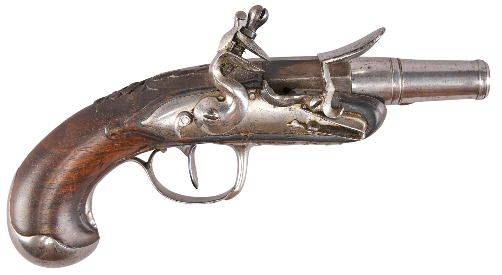 Red McCombs | 18th Century Flintlock Pocket Pistol: Model: Flintlock Pocket Pistol Caliber: 38 OAL: 7 in. Condition: Good-antique; mechanically functional; light pitting Provenance: Property from the personal estate collection of iconic Texas businessm
