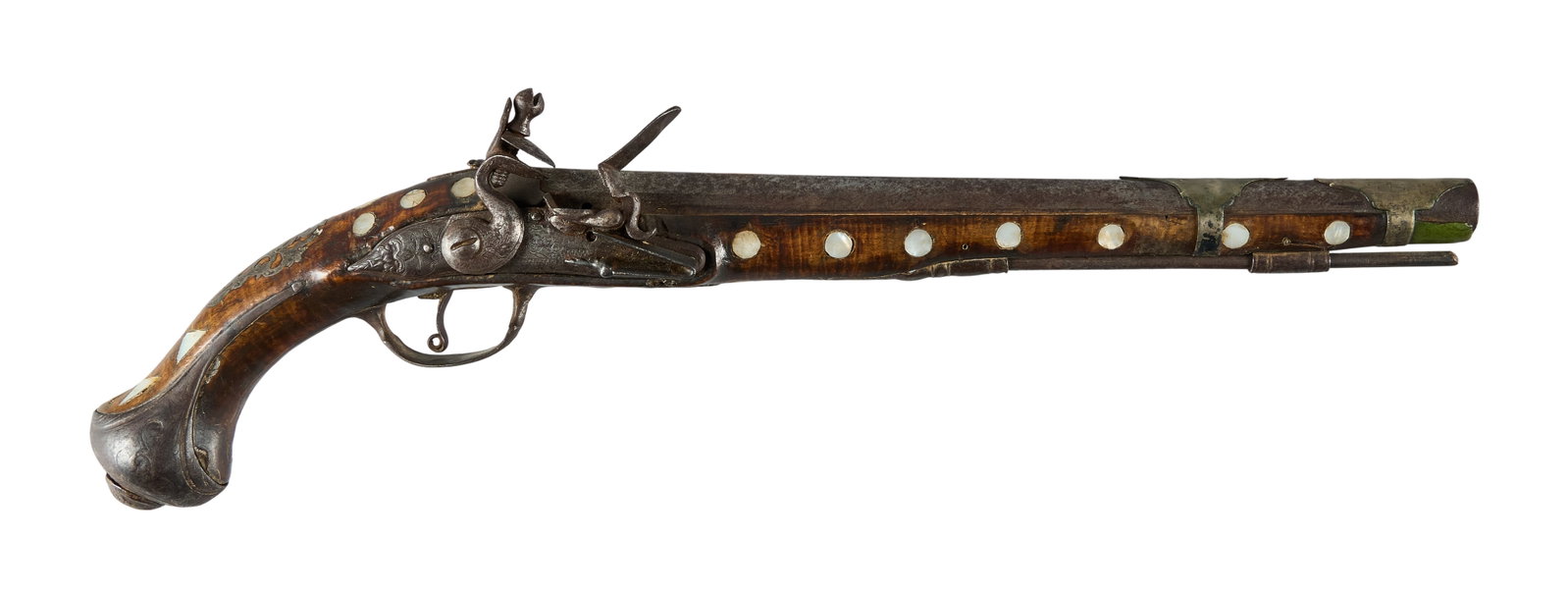 Red McCombs | Silver & Pearl Mounted Ottoman Flintlock Pistol: Manufacturer: Ottoman (c. 18th-19th c.) Model: flintlock pistol Caliber: 62 cal. Barrel Length: 12 in. OAL: 19.25 in. Condition: Fair-antique; wood stock has fair amount of wear w/ some chipping aroun