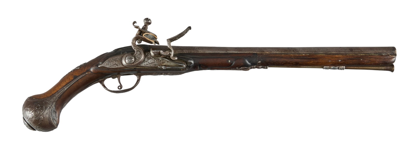 Red McCombs | Heavily Engraved & Embellished European Flintlock Pistol: Manufacturer: unknown European (c. 18th c.) Model: flintlock pistol Caliber: 65 cal. Barrel Length: 14 in. OAL: 22 in. Condition: Good-antique; wood stock has wear commensurate w/ age; the forend of t