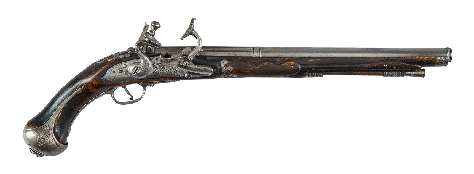 Red McCombs | Engraved & Pierced Brescia Style Flintlock Belt Pistol: Manufacturer: Brecia/ Northern Italy (c. 18th c.) Model: snaphaunce belt pistol Caliber: 46 cal. Barrel Length: 11.5 in. OAL: 16.5 in. Condition: Very good-antique; wood stock has very light wear for 