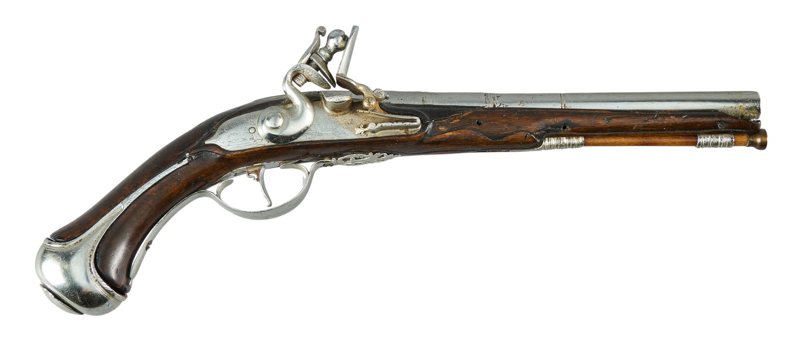 Red McCombs | Unknown "PVRX" Marked Flintlock Pistol: Manufacturer: unknown Mediterranean (c. 18th c.) Model: flintlock pistol Caliber: 54 cal. Barrel Length: 9.75 in. OAL: 16.5 in. Condition: Fair-antique; wood stock has moderate wear w/ some repaired s