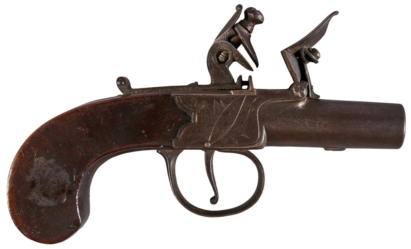 Red McCombs | Paxton English Boxlock Flintlock Pistol: Manufacturer: Paxton-Birmingham Model: Boxlock Caliber: approx. 46 Barrel Length: 2.25 in. OAL: 6 in. Condition: Good-antique; pressure dents & scratches with small chip on butt; sporadic pitting;