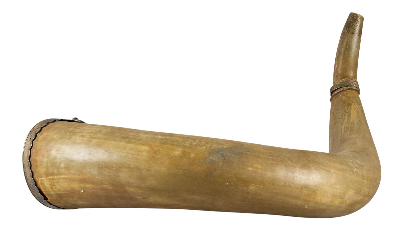 Red McCombs | Large Antique Ox Powder Horn: Large antique ox powder horn, circa early 19th century, includes institution placard height 24 in. x width 14.5 in. x depth 10.5 in. Provenance: Property from the personal estate collection of i