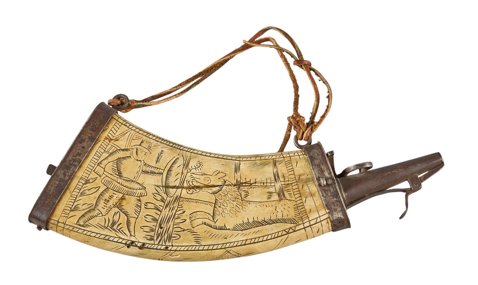 Red McCombs | Antique German Powder Horn: Antique German pressed powder horn featuring scrimshaw art depicting hunting scene, with tinned iron mounts, and a spring-loaded nozzle, circa 17th century height 13.5 in. x width 6 in. x depth 
