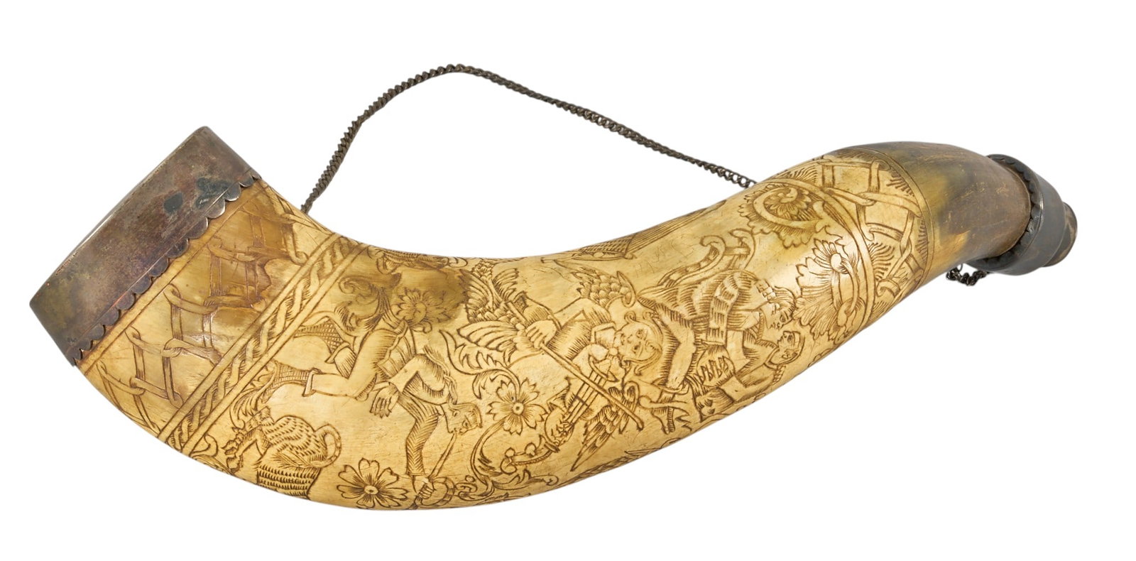 Red McCombs | Engraved Skimshaw Powder Horn: Engraved scrimshaw powder horn, featuring various folk scenes height 4 in. x width 13 in. x depth 6 in. Provenance: Property from the personal estate collection of iconic Texas busine
