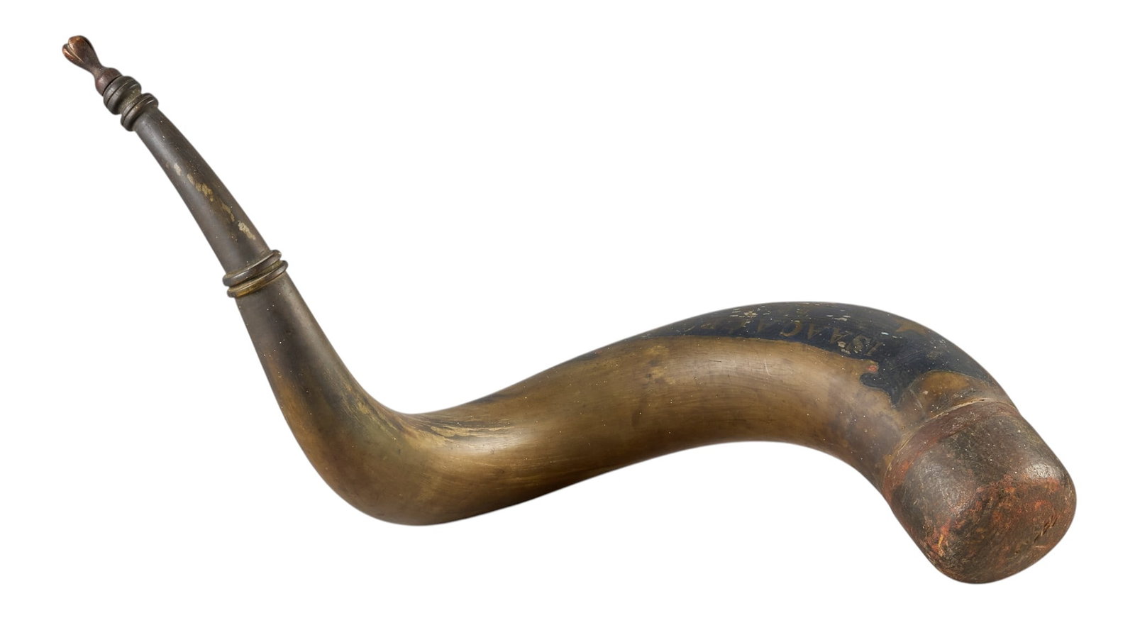 Red McCombs | Huge Antique Screw Tip Powder Horn: Huge antique screw tip powder horn, with patriotic motifs, painted "Isaac A. Cramer horn, Aug 31, 1819" height 20.5 in. x width 12 in. x depth 13 in. Provenance: Property fr