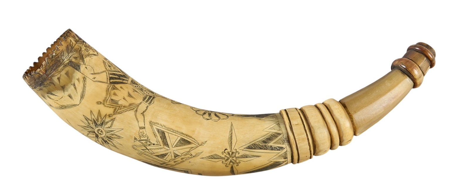 Red McCombs | Scrimshaw Powder Horn: Scrimshaw powder horn, featuring etched folk-art scenes and geometric patterns, circa 19th century height 14 in. x width 6.5 in. x depth 3 in. Provenance: Property from the personal estate colle