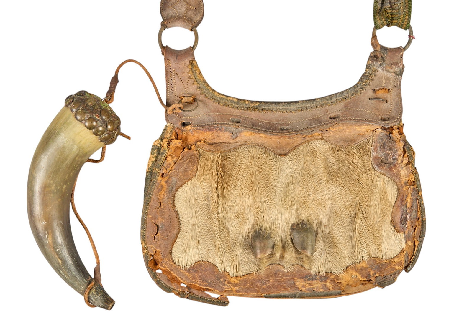 Red McCombs | Powder Horn and Pouch: Antique American frontier hunting pouch and powder horn ensemble, featuring hair on hide flap, circa late 18th century height 11.5 in. x width 7 in. / pouch Provenance: Property from the personal esta