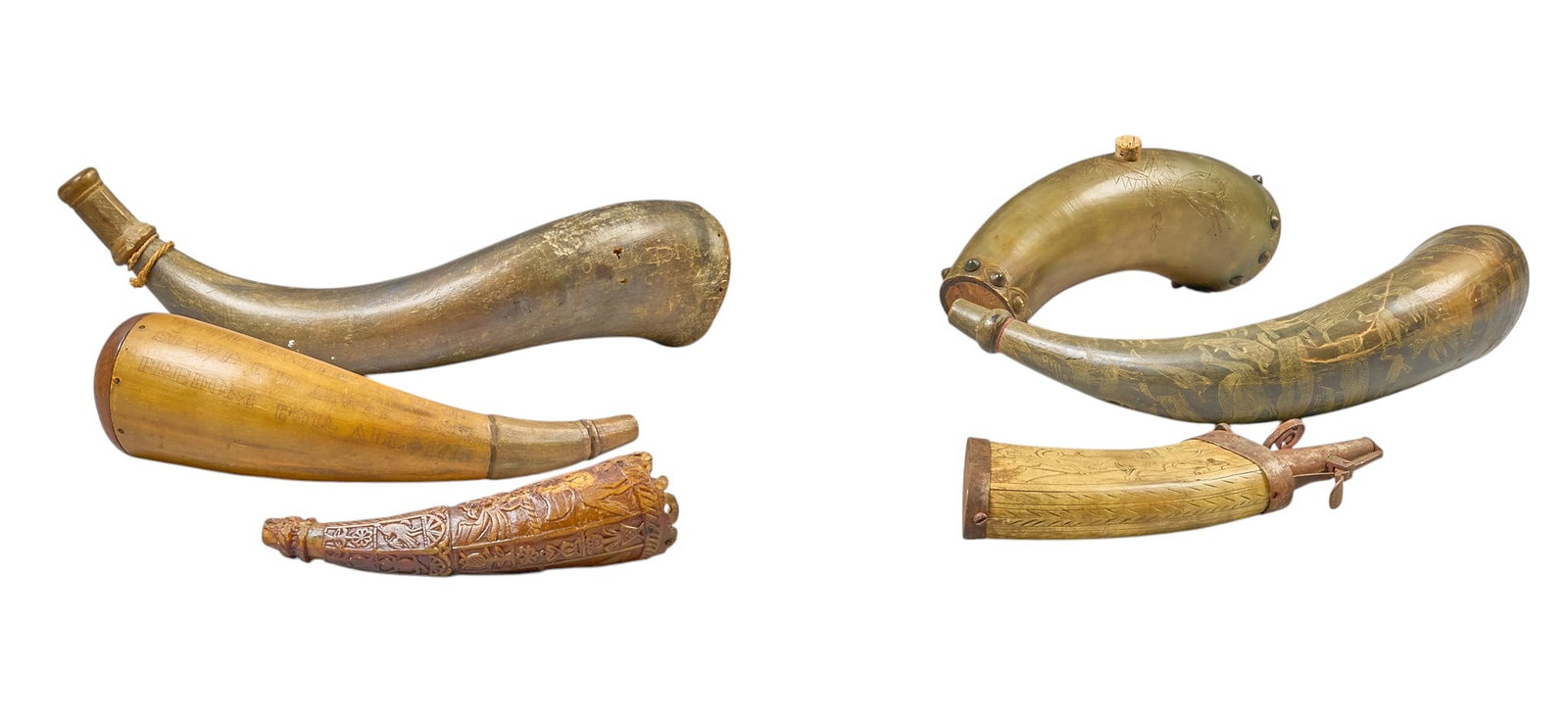 Red McCombs | (6) Antique Powder Horns: Collection of six antique powder horns, some featuring hand-carved scrimshaw art decoration height 4 in. x width 14 in. x depth 6 in. / largest Provenance: Property from the personal estate collection