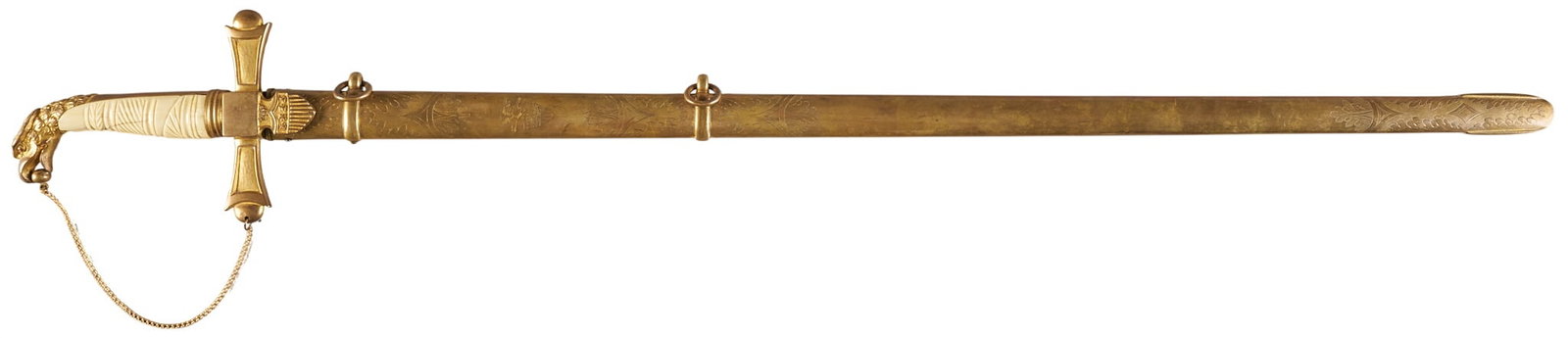 Red McCombs | US 1830's Guilt Officer's Sword: 1830's US Officer's sword with gilt etching & bone handle featuring eagle head pommel with scabbard OAL: 36 in. condition commensurate with age; dark patina & scattered pitting Provena