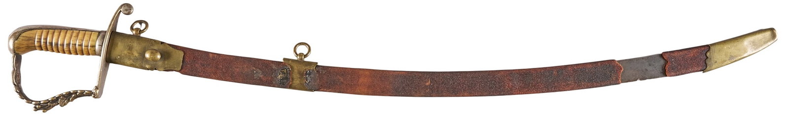 Red McCombs | Early 19th Century Horn Handled Sabre: Early 19th century horn handled saber w/ scabbard named & dated William S. Ross 1812 OAL: 35.5 in. condition commensurate with age: scabbard broken into three sections Provenance: Property f