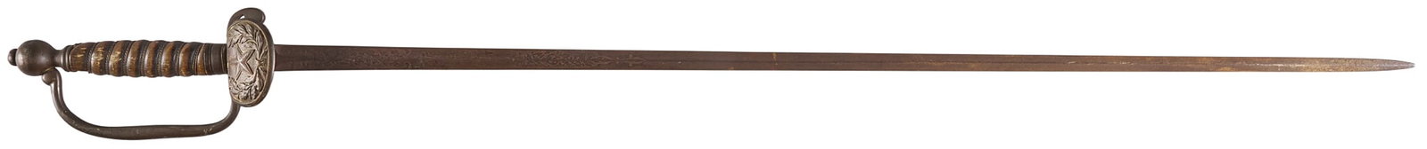 Red McCombs | 19th Century TX Diplomat Sword: 19th century Texas diplomat sword with etched blade, horn handle & Lone Star motif OAL: 35.5 in. Fair condition; dark patina throughout Provenance: Property from the personal estate collection of 