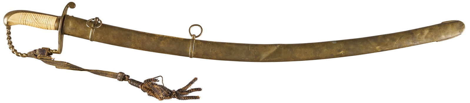 Red McCombs | A.W. Spies Inlay Officer's Sword Likely Used by TX Militia: Gold inlaid Texas militia officer's sword by A.W. Spies; bone handle with star motif on guards OAL: 34.5 in. condition commensurate with age Provenance: Property from the personal estate collectio