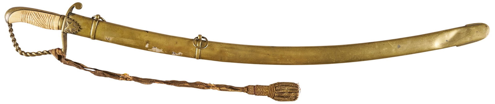 Red McCombs | Gold Inlaid TX Militia Officer's Sword: Gold inlaid Texas militia officer's sword by A.W. Spies; bone handle with star motif on guards OAL: 34.5 in. condition commensurate with age Provenance: Property from the personal estate col