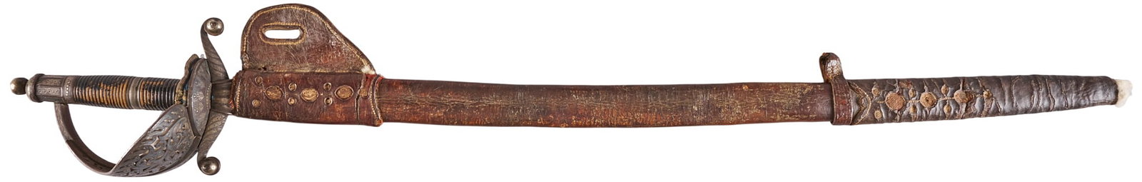 Red McCombs | US Navy Etched & Silver Inlaid Sword W/ Mexican Scabbard: US Navy etched & silver inlaid custom officer's sword W/ Mexican scabbard; the ornate pierced guard and pommel have extensive scroll engraving & silver-plate inlay Provenance: Pr