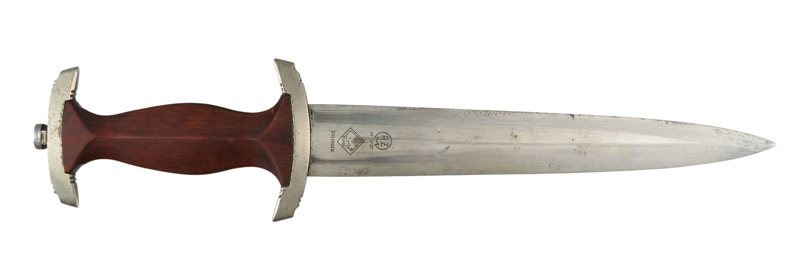 Red McCombs | WWII German Puma SA Dagger W/ Sheath: Puma Solingen WWII German SA dagger with RZM 7/27 stamp; SA emblem on grip; with scabbard & hangers OAL: 14.5 in. Moderate wear on blade from scabbard Provenance: Property from the personal estate