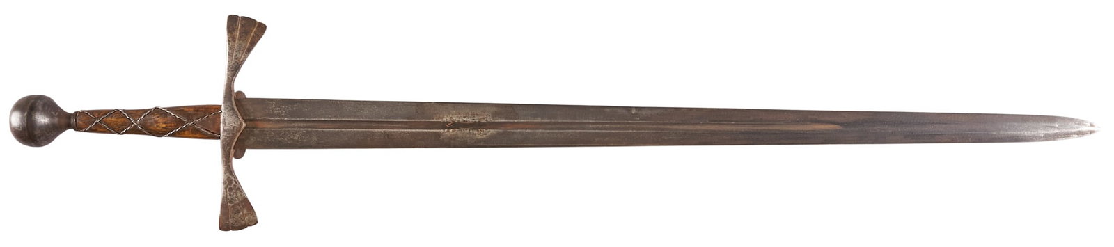 Red McCombs | 18th Century European Broad Sword: 18th century European broadsword; likely Spanish or French; wire wrapped wooden handle OAL: 41 in. condition commensurate with age; rust & pitting; appears to have grind marks towards tip of blade