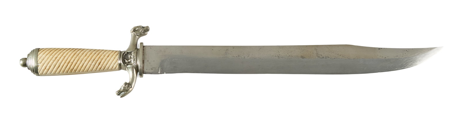 Red McCombs | Spanish Hunting Sword W/ Silver & Bone Handle: German hunting sword marked "Fernando Esser Elberfeld Acero Fundido" with rampant horse symbol; ricasso marked No 2853 / KG; dog head cross guard; leather sheath OAL: 20.5 in. Condition comm