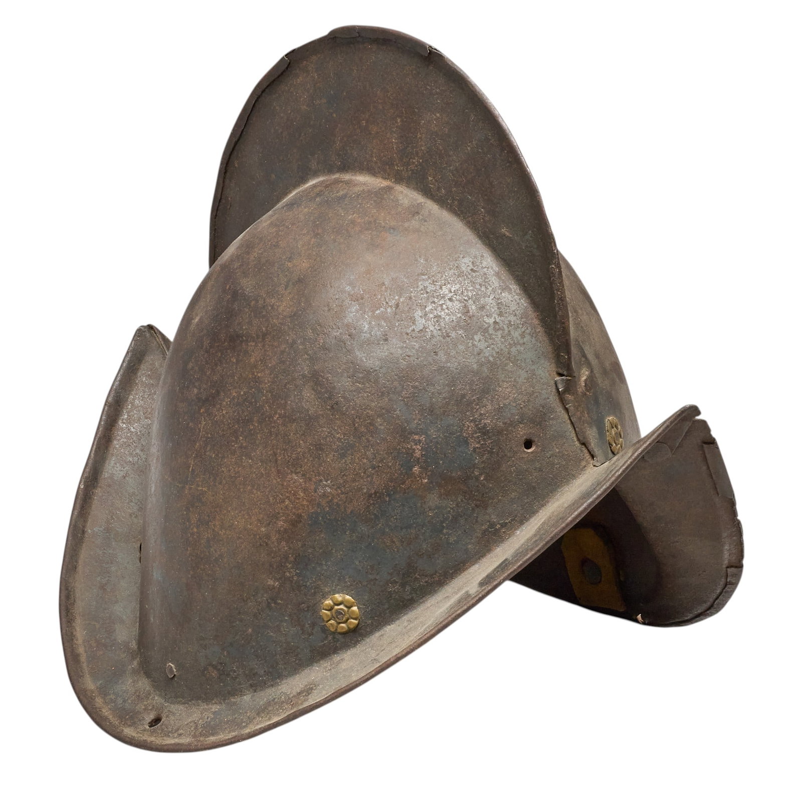 Red McCombs | Antique Spanish Morion Helmet: Antique Spanish Morion helmet used by the conquistadores, English, and French explorers until the late 17th century, circa late 16th century, includes institution placard height 10 in. x width 10 in. 