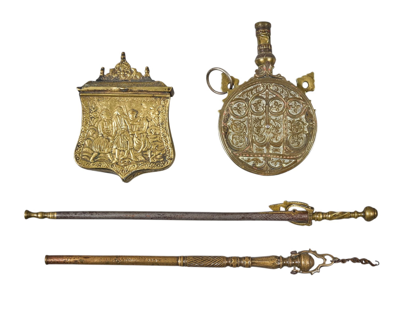 Red McCombs | (4) Indo-Persian Military Tools: Collection of four antique brass Indo-Persian military tools, includes a pistol ram rod, a cartridge case, pair of tongs, and a powder horn flask, all circa 18th century length 15 in. / largest P