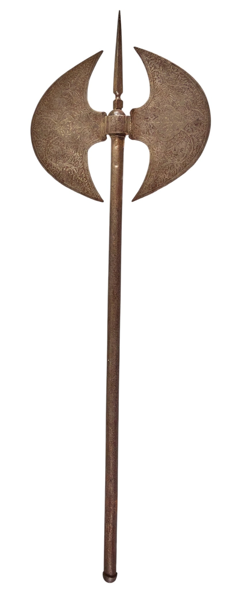 Red McCombs | Antique Indo-Persian Axe: Antique Indo-Persian double-bladed battle axe featuring decorative inlay on blades depicting flora and fauna motifs, circa early 16th century length 30 in. x width 10 in. Provenance: Prope
