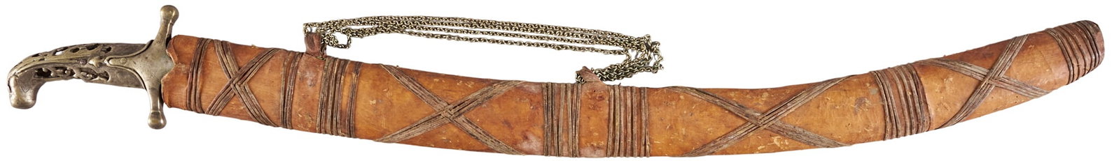 Red McCombs | German Silver Handle Indo-Persian Scimitar: Late 18th century Ottoman Shamshir Kilij with German silver handle & leather wrapped scabbard with brass hangers; both sides of blade are marked but illegible OAL: 31.5 in. condition commensu