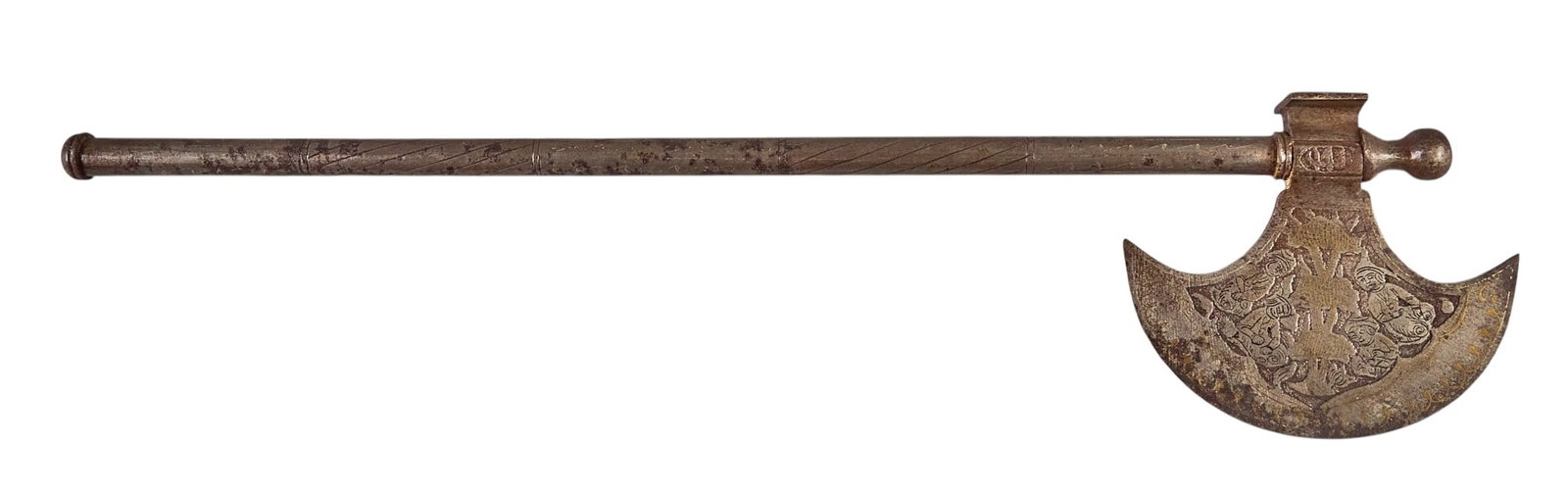 Red McCombs | Indo-Persian Battle Axe: Antique Indo-Persian single-blade battle axe featuring decorative etchings on blade, circa 17th century length 29.5 in. x width 6.5 in. Provenance: Property from the personal estate collection o