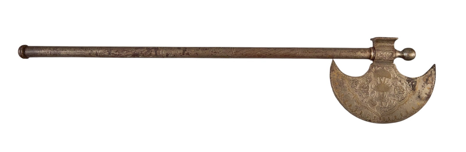 Red McCombs | Indo-Persian Battle Axe: Antique Indo-Persian single-blade battle axe featuring decorative etchings on blade, circa 17th century length 29.5 in. x width 6.5 in. Provenance: Property from the personal estate collection o