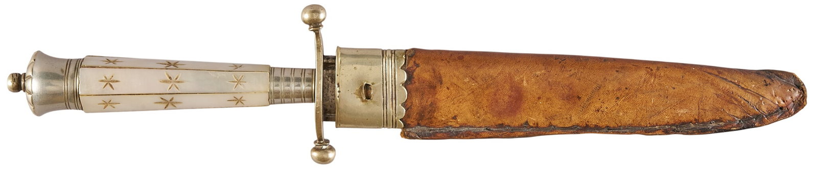 Red McCombs | Antique Pearl Handle Dirk Dagger: Antique pearl handle Dirk dagger w/ German silver cross guard, collar & pommel & leather sheath Provenance: Property from the personal estate collection of iconic Texas businessman, civi