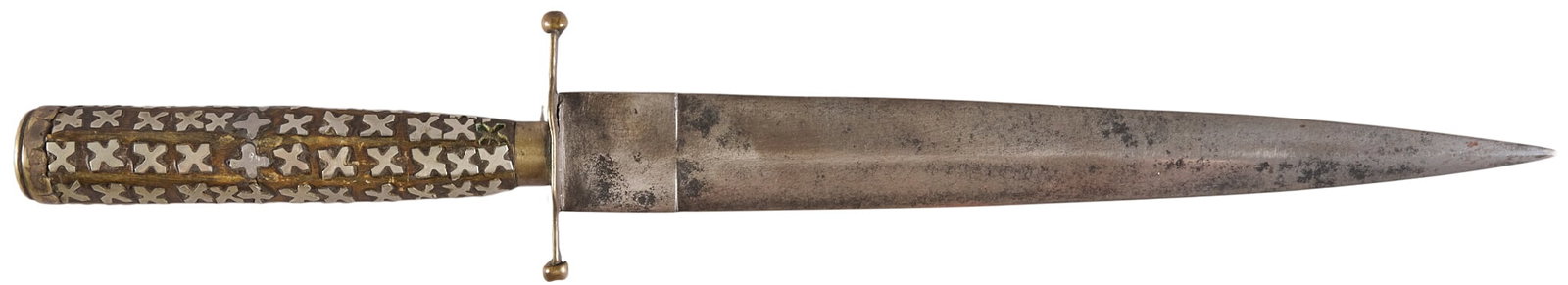 Red McCombs | Antique Silver Mounted Dagger: Antique silver mounted dagger w/ 94 silver inlaid crosses; said to represent coupes, purportedly present to Indian chief Provenance: Property from the personal estate collection of iconic Texas 