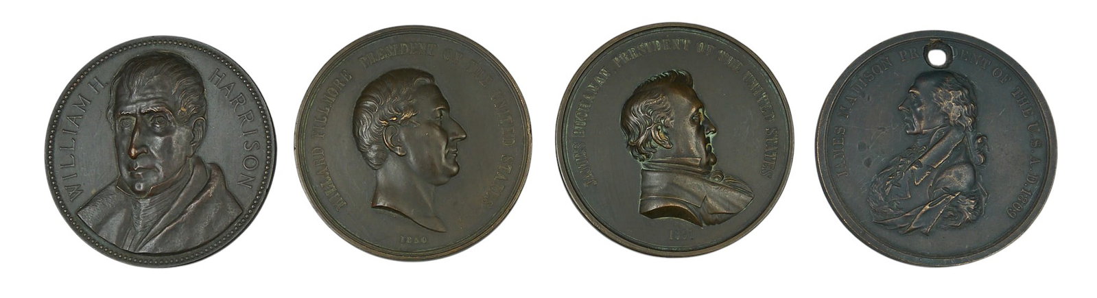 Red McCombs | (4) Peace Medals: Four historical U.S. presidential and Indian Peace bronze medals, includes one commemorative 1841 inauguration/memorial medal showing a bust of 9th President William Henry Harrison, one 1850 president