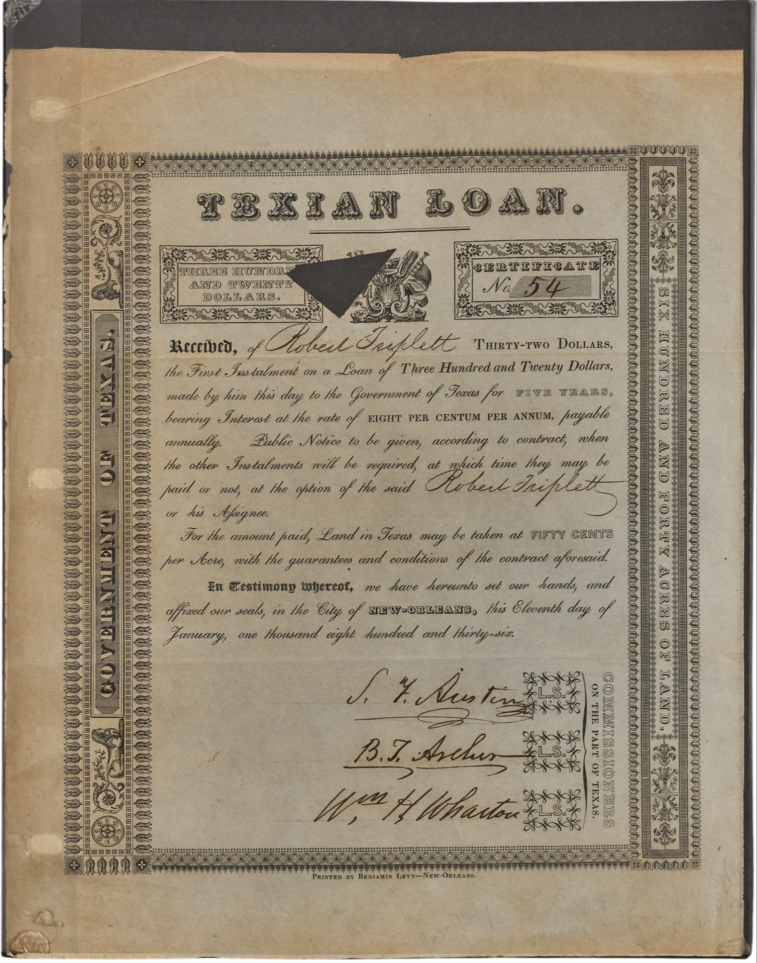 Red McCombs | 1836 Texian Loan Certificate: Original 1836 cancelled Texian Loan certificate for one section (640 acres) of land in the state of Texas, acknowledging a $320 loan from Robert Triplett, featuring signatures of prominent Texas commi