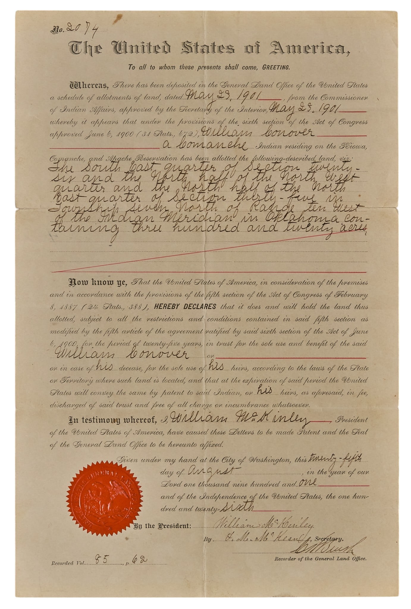 Red McCombs | President William McKinley Land Patent: United States Land Patent issued under the Dawes Act of 1887, dated August 25, 1901, and bearing the stamped signature of President William McKinley, allotting 320 acres of land in Oklahoma to