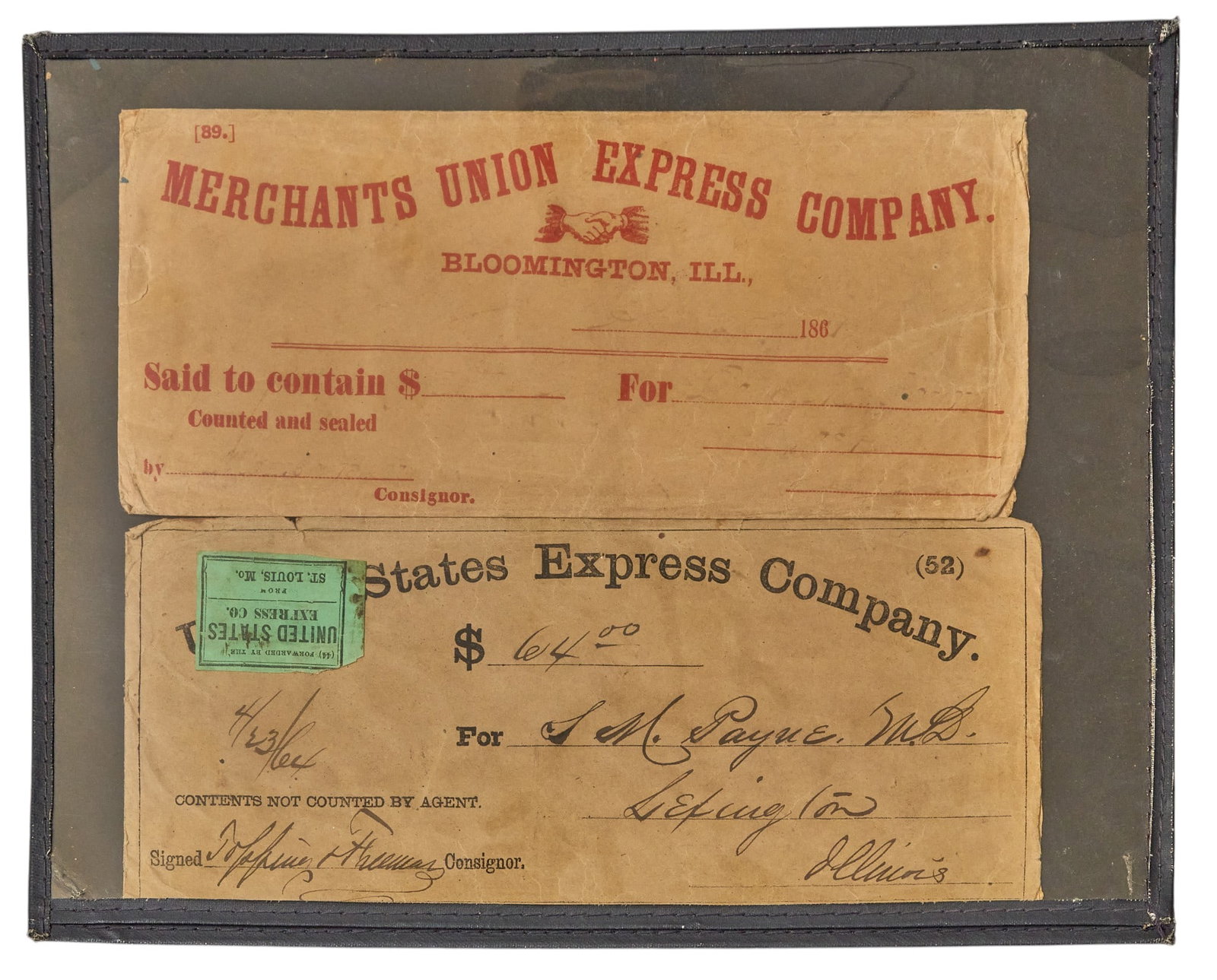 Red McCombs | (2) Express Company Receipt Envelopes: Two vintage express company receipt envelopes, includes one from Merchants Union Express Company, founded in 1867, and one from United States Express Company addressed to Dr. J.M. Payne in Lexinton,